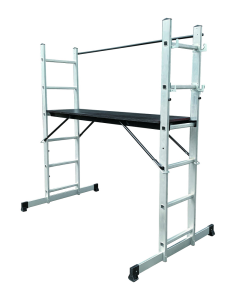 Five way ladder scaffold tower adjustable to flat land or stairs